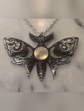 Pewter Alchemy of England Lunar Moth pendant with mother of pearl luminous disc